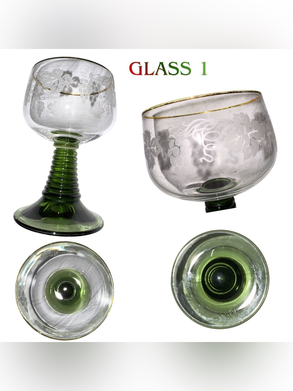 Vintage German Roemer Wine Glasses Set 3 Green Beehive Stem - Picture 3 of 5